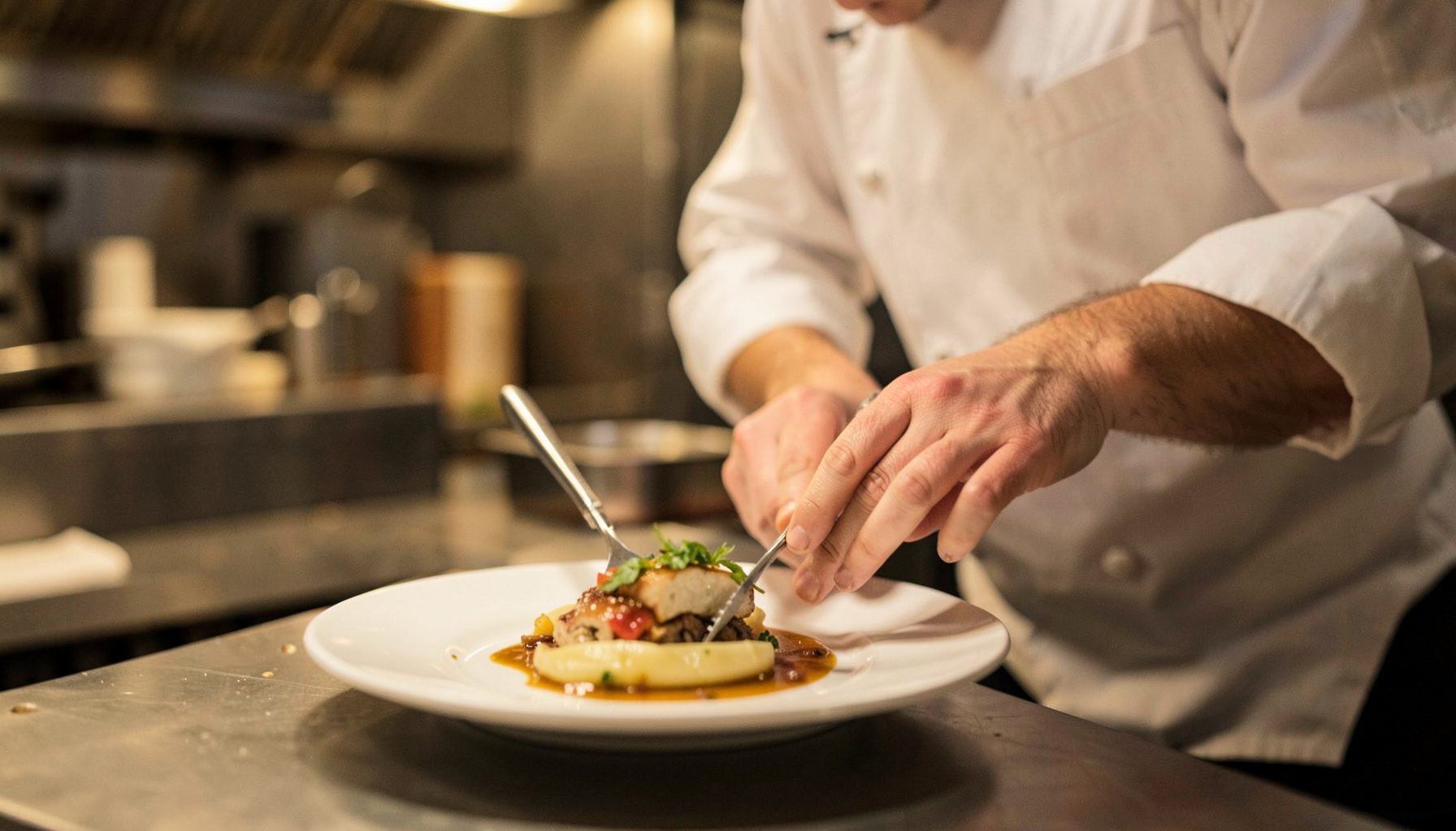A chef's hands plating a dish in a professional kitchen, focused and precise, warm ambient lighting