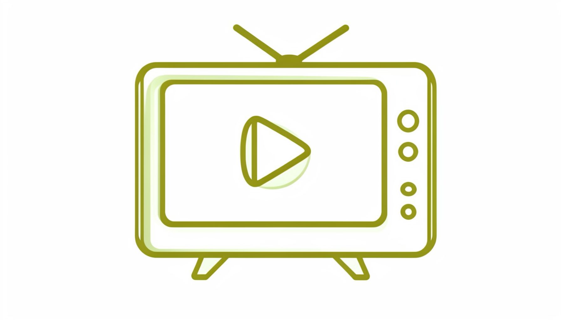 A simple line-art illustration of a television screen with a play button, rendered in olive green