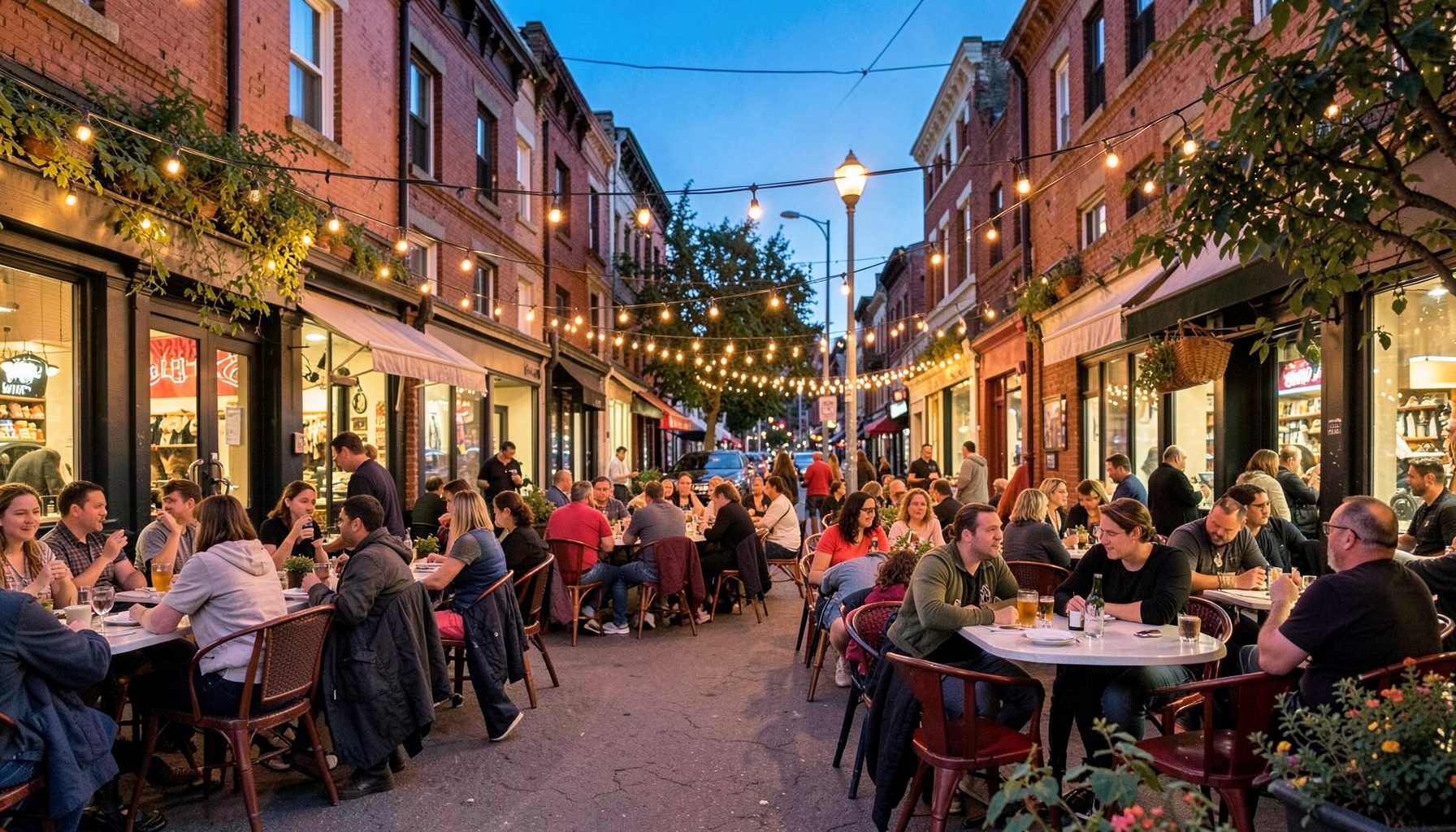 A vibrant neighborhood streetscape with outdoor dining, string lights, and a lively evening crowd