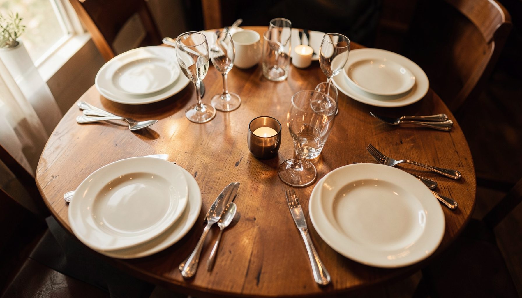 A warm-toned overhead shot of a restaurant table set with plates and glasses, soft natural light
