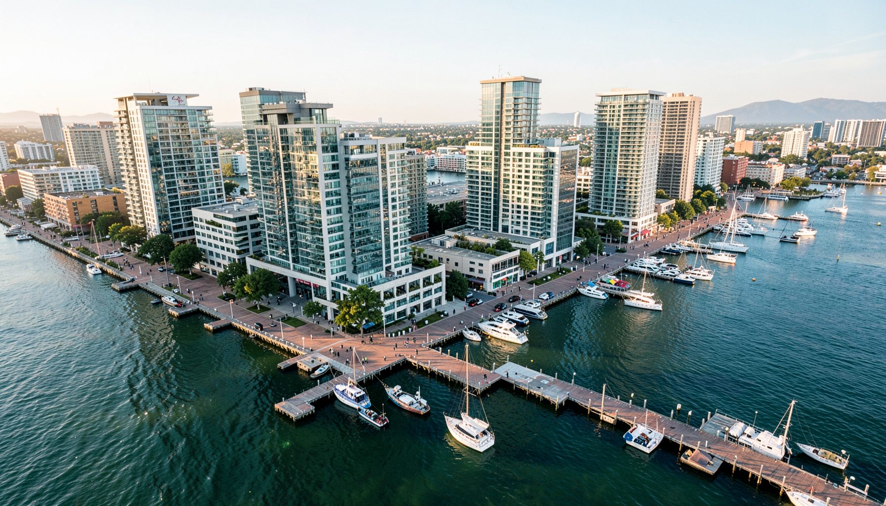 Aerial view of a vibrant urban waterfront district with modern mid-rise buildings, boardwalks, and boats in soft afternoon light
