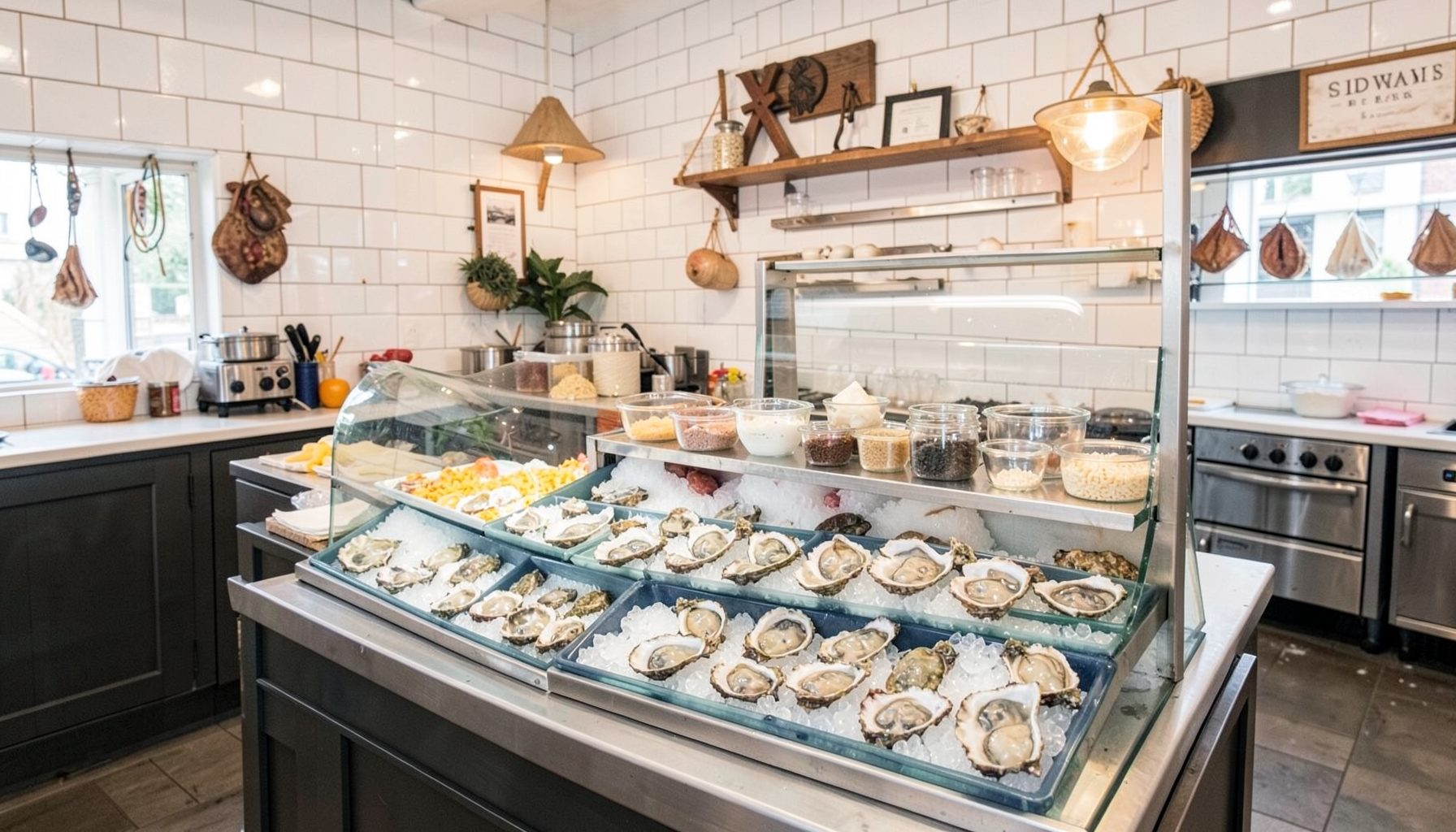 Bright seafood restaurant interior with nautical accents, white subway tile, and a raw bar display filled with oysters on ice