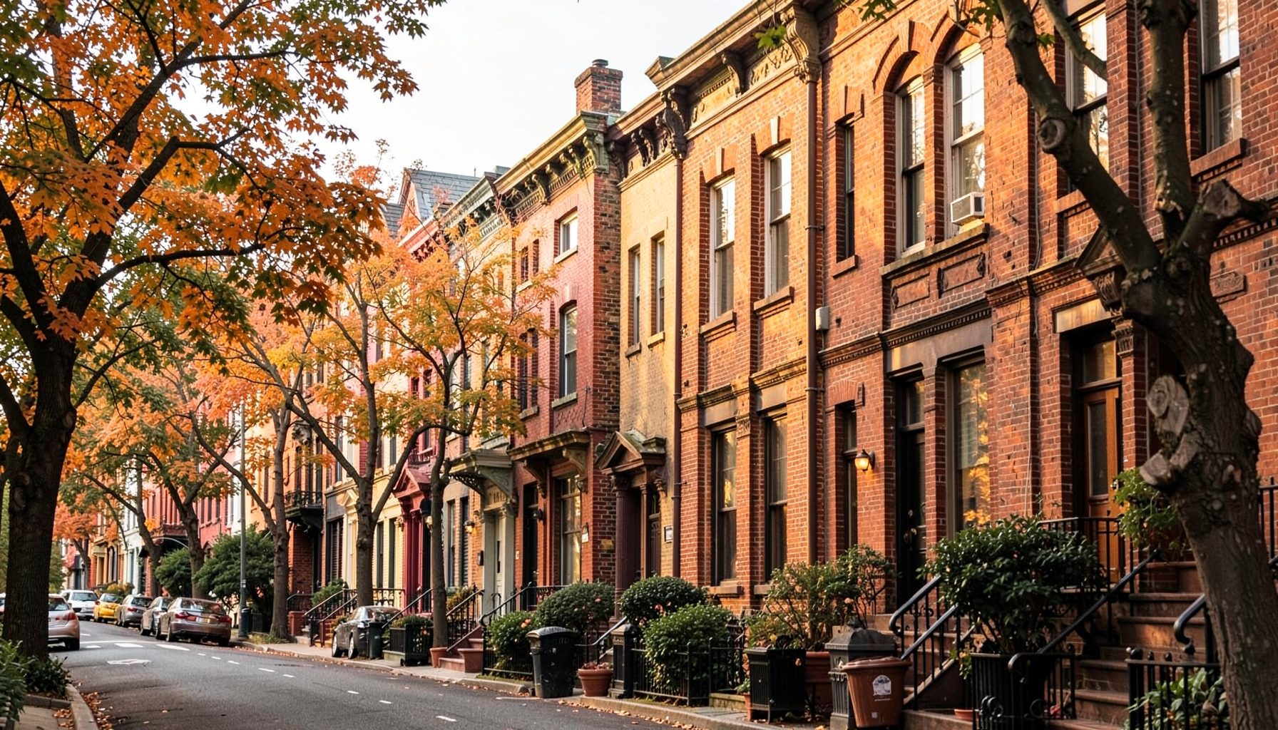 Charming brick row houses on a tree-lined Capitol Hill street with warm autumn tones