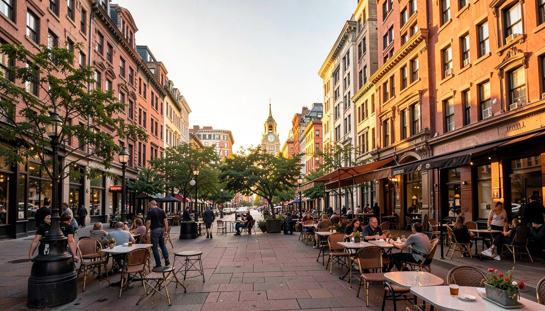 Elegant Dupont Circle streetscape with outdoor café seating and classic D.C. architecture in golden hour light