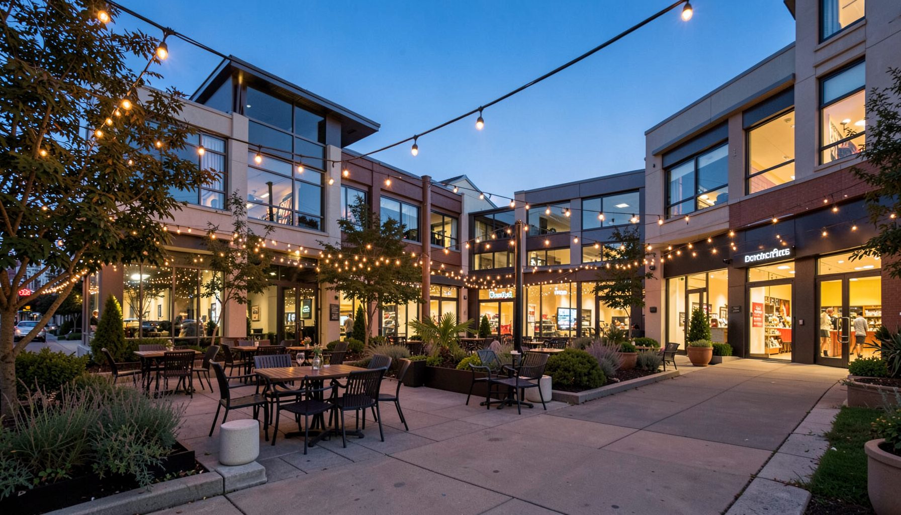 Lively Pike & Rose development in North Bethesda with string lights, outdoor seating, and modern retail facades at dusk