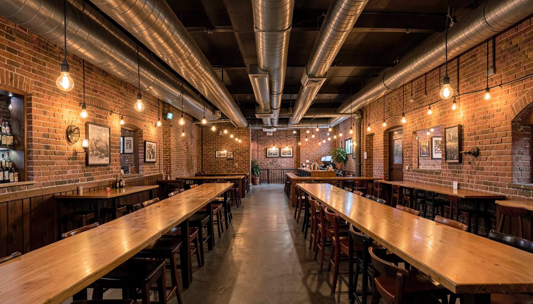 Spacious beer hall with long communal tables, exposed ductwork, and warm Edison-bulb lighting against brick walls