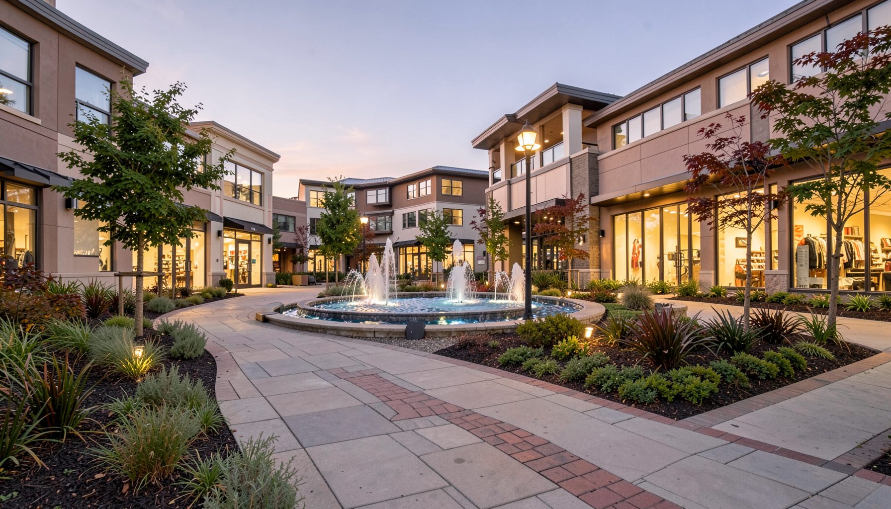 Upscale suburban town center with fountains, landscaped walkways, and contemporary storefronts in warm evening light