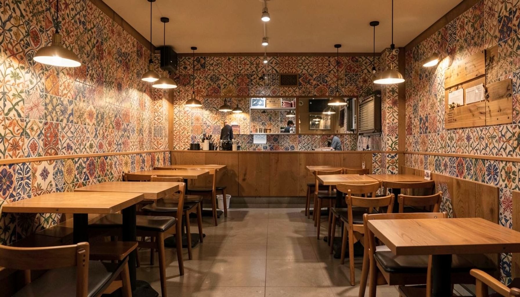 Warm-toned interior of a modern taqueria with colorful tilework and soft pendant lighting, empty tables ready for service