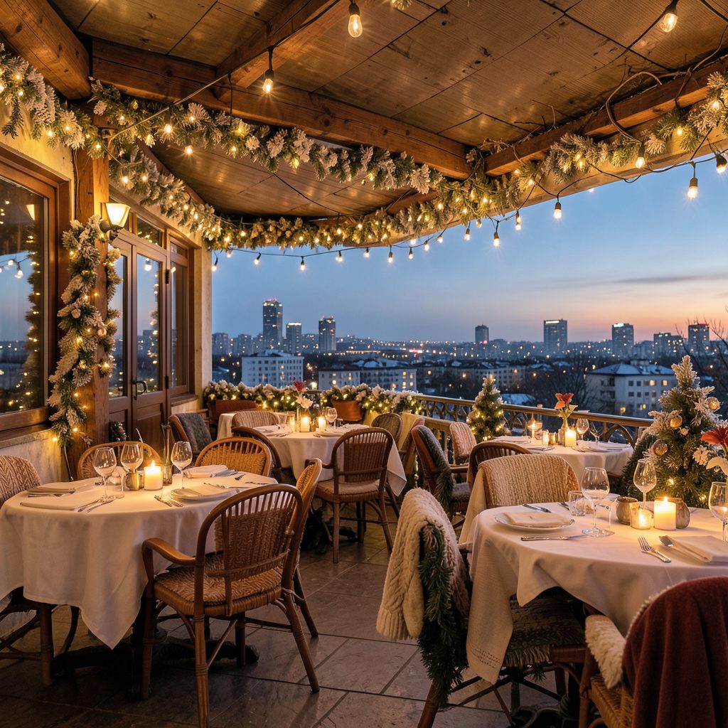 Warmly lit restaurant terrace with winter decor and cozy seating overlooking a city skyline at dusk